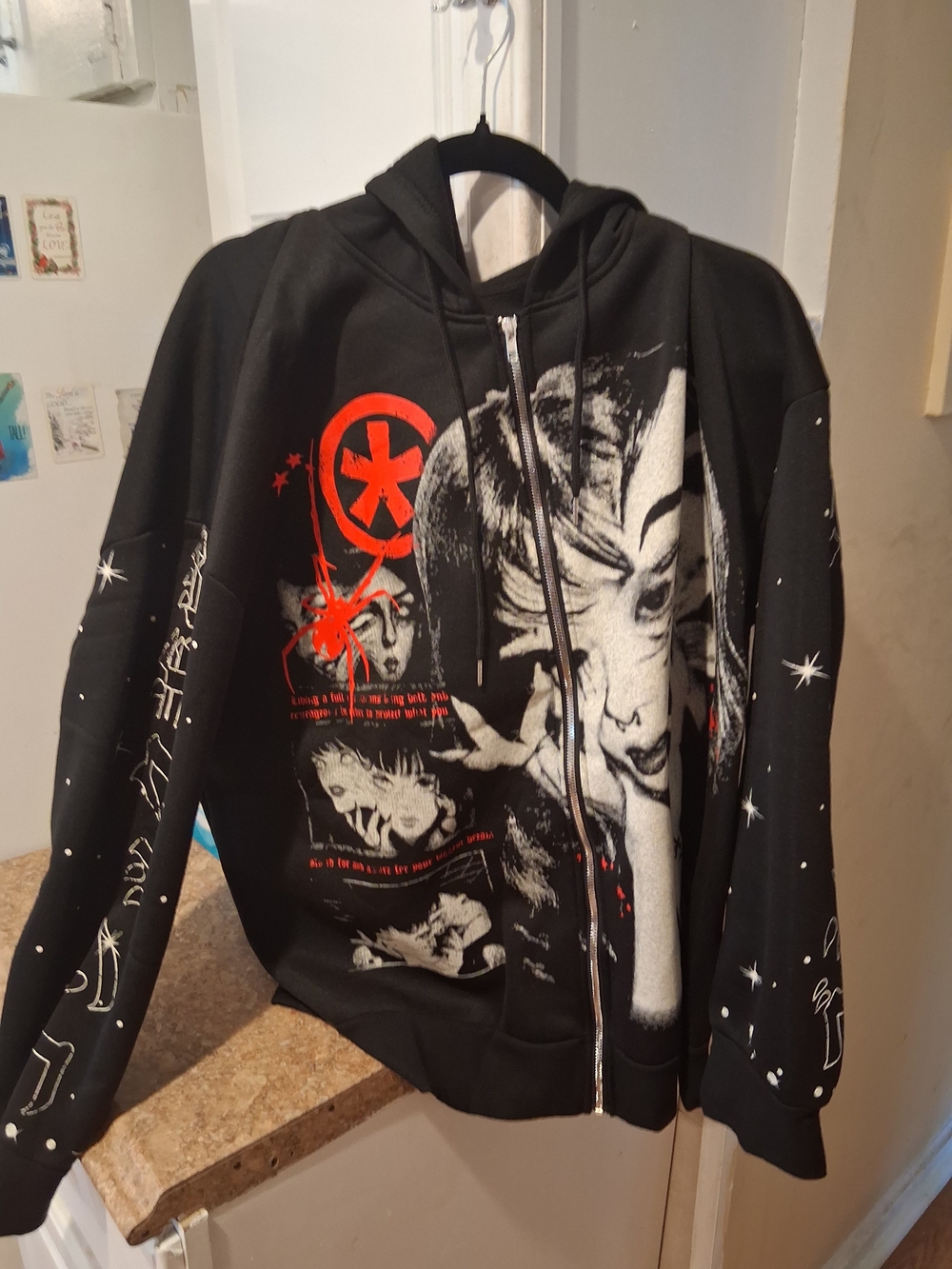 SHEIN Black Graphic Zip-Up Hoodie with Red and White Print